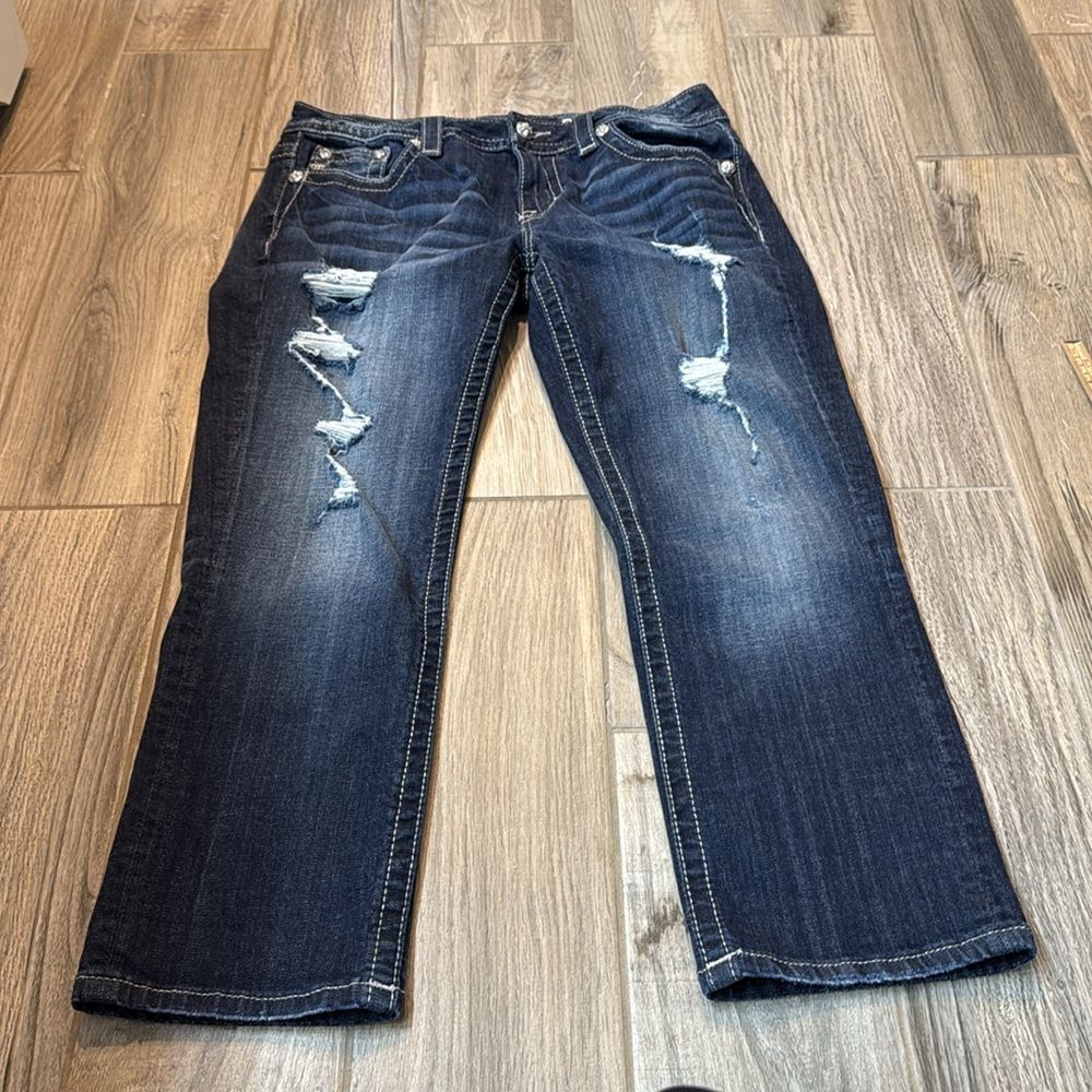 Miss Me Womens Mid-Rise Curvy‎ Cropped Stretch Rhinestone Blue Jeans SZ 29 - Picture 3 of 13